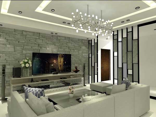 فضای اتاق نشیمن با دکوراسیون به سبک مدرن و مبلمان راحتی طوسی و یک تلویزیون ال ای دی بزرگ و یک گلدان برزگ در کنار تلویزیون بر روی میز دارای تجهیزات جانبی با یک لوستر مدرن
