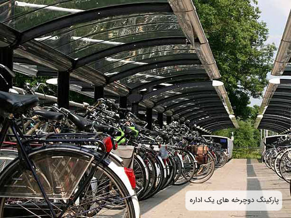 پارکینگ دوچرخه های یک شرکت که دوچرخه هابه صورت ردیفی در این محل پارک نموده اند 