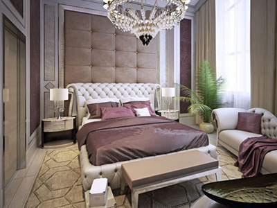 تصويری از يک تخت خواب ذو نفره با طراحی چستر و رنگ بدنه سفيد و پتو هايی به رنگ جيگری در اتاقي با طراحی مدرن.