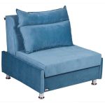صندلی تخت خواب شو يکنفره به رنگ آبی به همراه يک کوسن در پس زمينه سفيد.