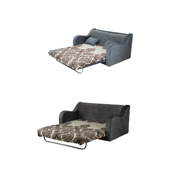 تصويری از کاناپه تخت شو دو نفره در حالت باز در رنگ های زغالی و طوسی با پس زمينه سفيد.