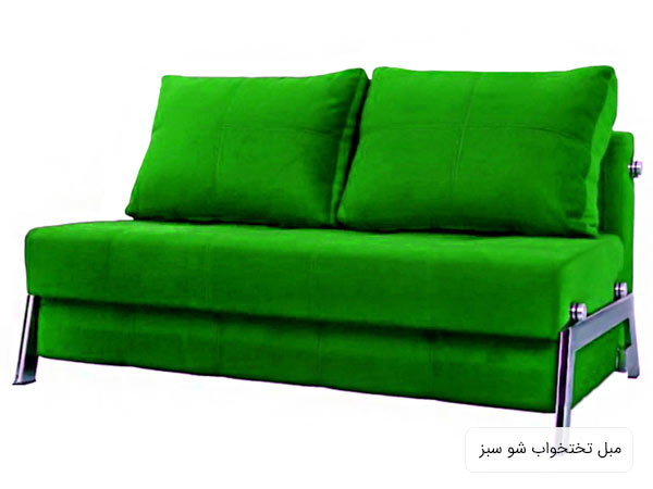 مبل تختخواب شو ديانا به رنگ سبز و پيه هاي فلزی به همراه دو عدد کوسن در پس زمينه سفيد.