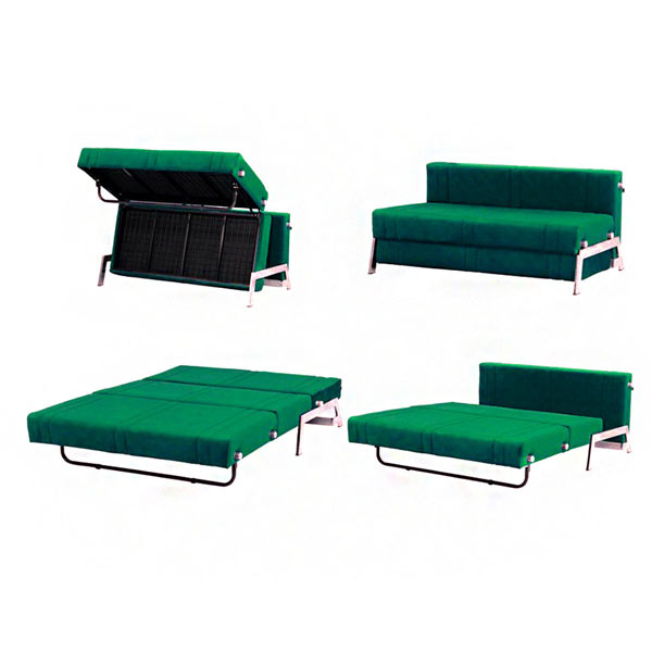 کاناپه تختخواب شو ديانا در چهار حالت مختلف به رنگ سبز تيره در پس زمينه سفيد.