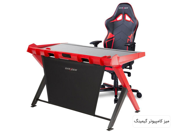 ميز کامپيوتر GD1000 با طراحی مدرن و خاص به رنگ قرمز و مشکی در کنار يک صندلی کامپيوتر مدرن با پس زمينه سفيد.