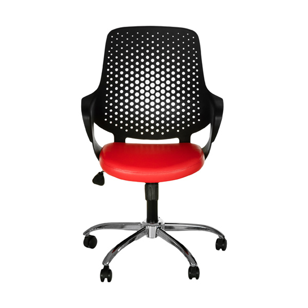 صندلی کارمندی B208 بتيس به رنگ قرمز و مشکی از نمای رو به رو در پس زمينه سفيد.