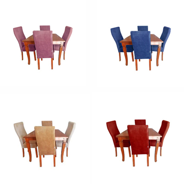 ميز و صندلی ناهار خوری چوبکو در چهار رنگ مختلف از جمله آبي و قرمز در پس زمينه سفيد.