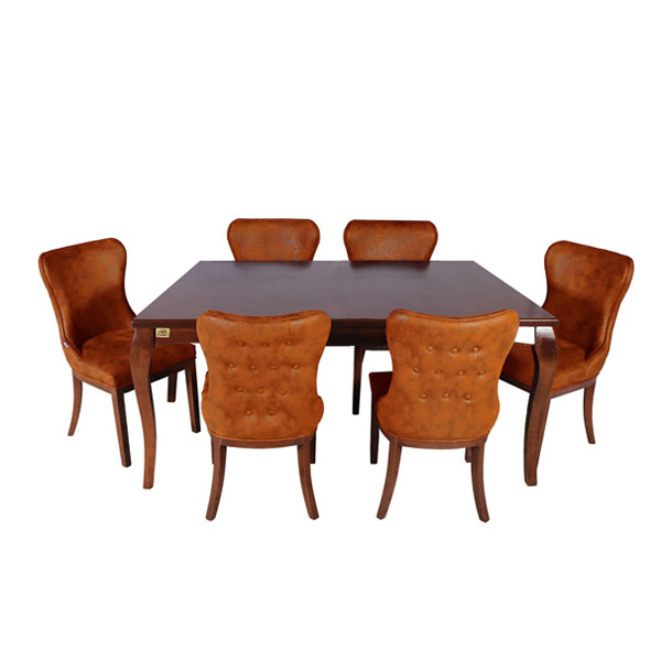 ميز ناهار خوری چوبی 672 چوبکو به همراه 6 عدد صندلی به رنگ نارنچي کدر در پس زمينه سفيد.