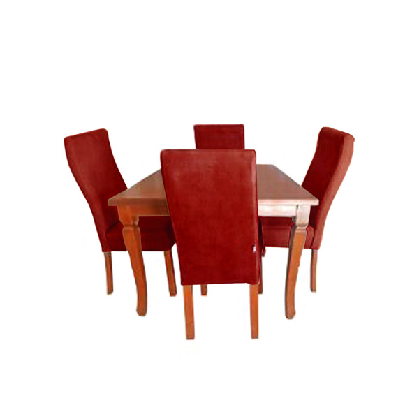 ميز ناهار خوری ساده و شيک چوبکو به همراه چهار عدد صندلی ناهار خوری با روکش قرمز رنگ در پس زمينه سفيد.