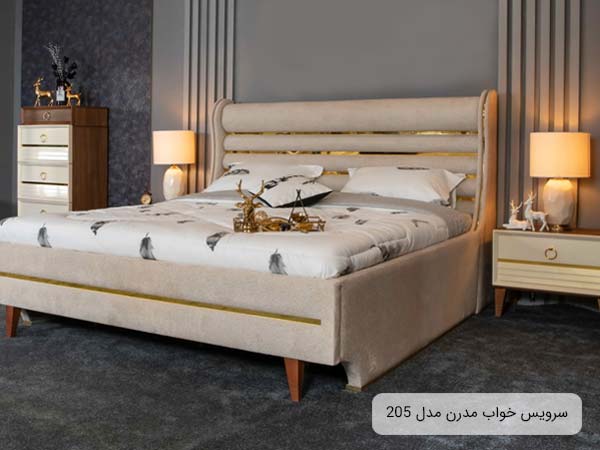سرویس خواب مدل 205 که يک تخت خواب دو نفره به همراه دو عدد ميز کنار تختی با آباژور که در کنار تختخواب قرار گرفته اند.