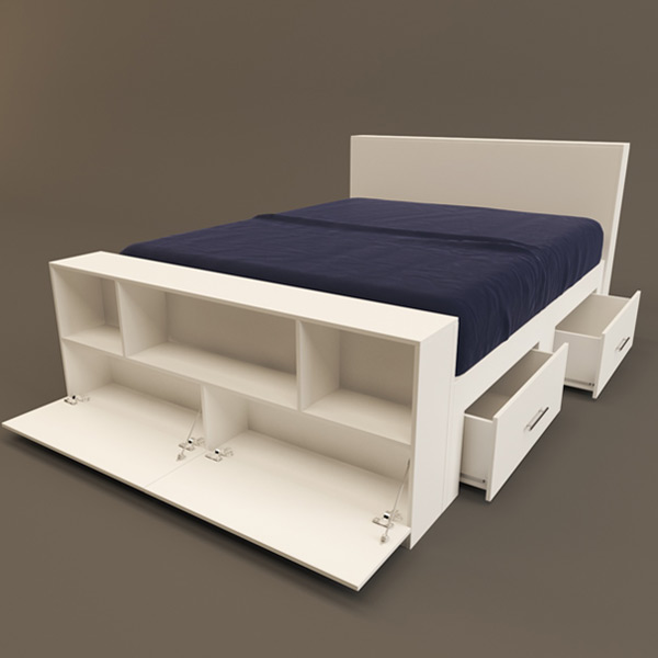 تختخواب مدرن و سفيد رنگ FH296 با کشو هاي نيمه از و پتوی سرمه ای رنگ که بر روي تخت قرار گرفته است.