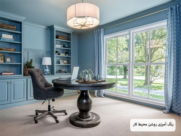 محیط اداری کوچک با دیوار ها و قفسه هایی به رنگ آبی روشن و کف خاکی رنگ.