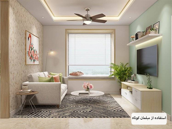 اتاق نشیمن با دکوراسیون مدرن و سقف کوتاه