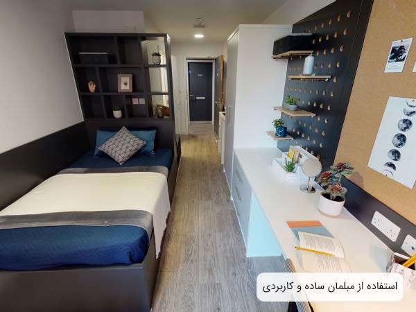 يک خانه دانشجويی بسيار باريک و کمجا با طراحی شيک و مدرن با استفاده از مبلمان های چند کاره و کاربردي.