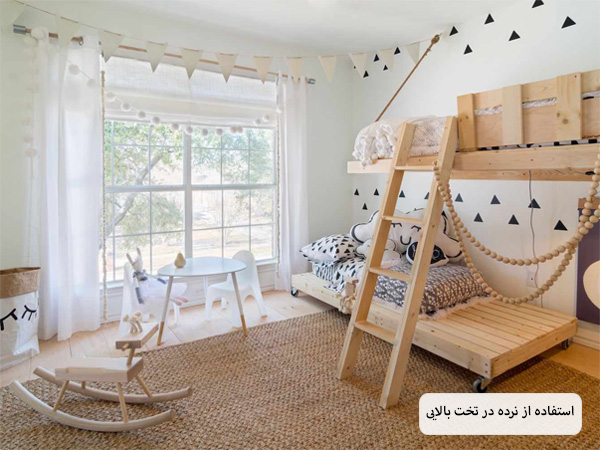 یک اتاق خواب اشتراکی کودک با یک تخت دو طبقه که تخت بالایی دارای محافظ است.
