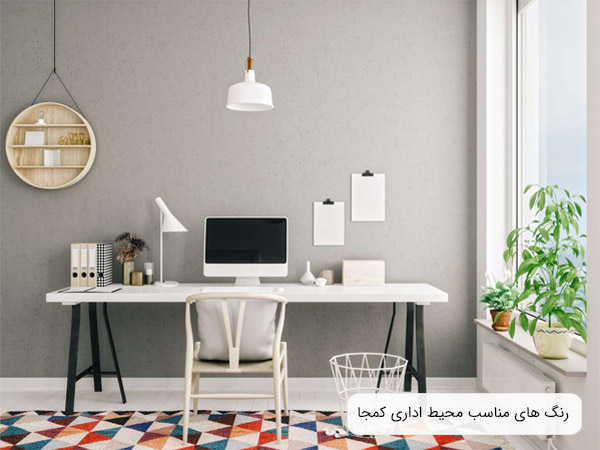 يک دفتر کار خانگي کوچک با ديوار طوسي رنگ و ميز و اشيا سفيد رنگ.
